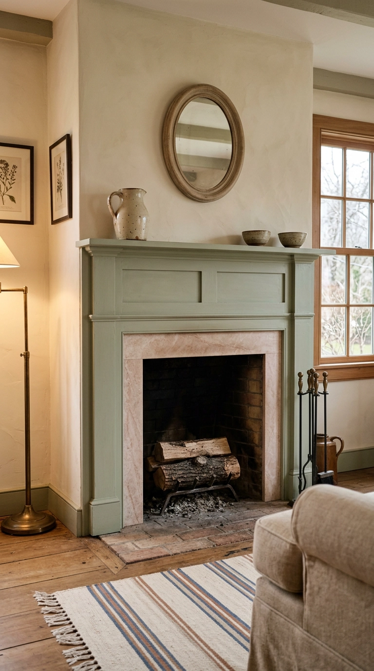 Narrow honed Rosa Aurora marble slip surround framed by a sage green painted wood mantel