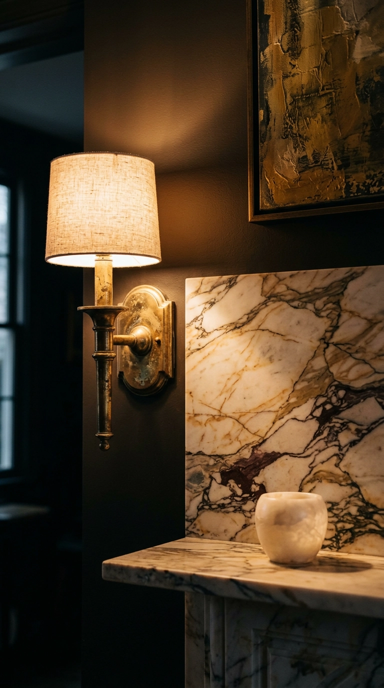 Aged brass wall sconce lighting the veining of a Breccia Capraia marble fireplace surround