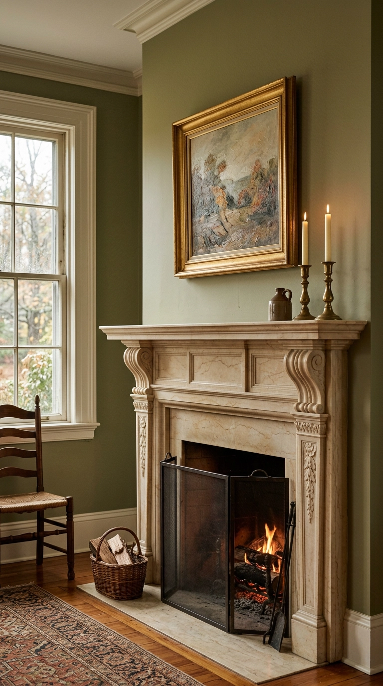Traditional carved Crema Marfil marble fireplace mantel with scrolled corbels in a colonial sitting room