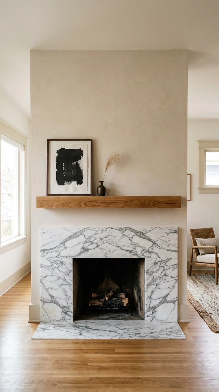 Chunky white oak floating shelf mounted above a polished Arabescato marble fireplace surround