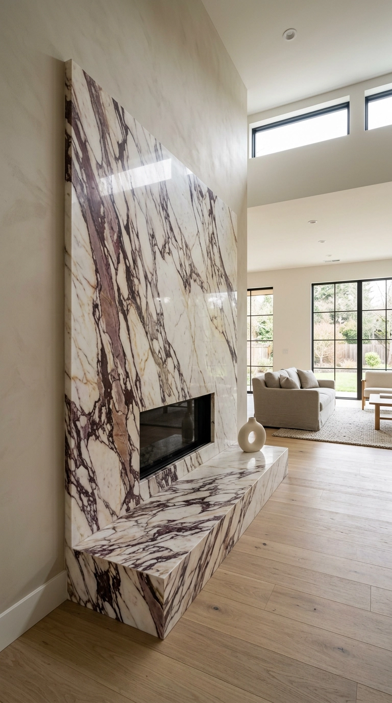 Waterfall Calacatta Viola marble fireplace surround folding continuously over the hearth