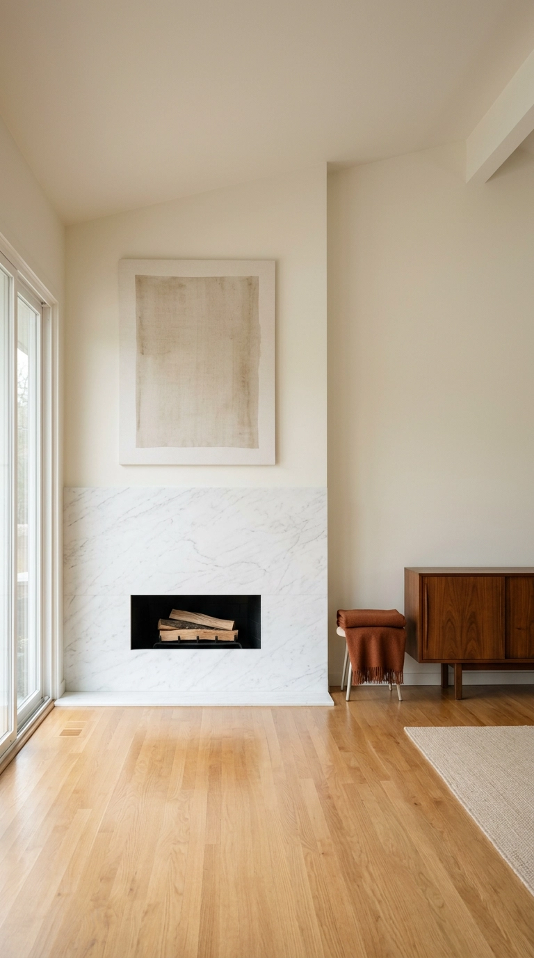 Flush honed Statuarietto marble fireplace with no mantel in a minimalist mid-century living room