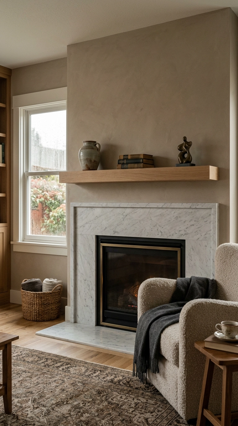 Honed Carrara marble fireplace surround with a white oak floating mantel in a craftsman family room
