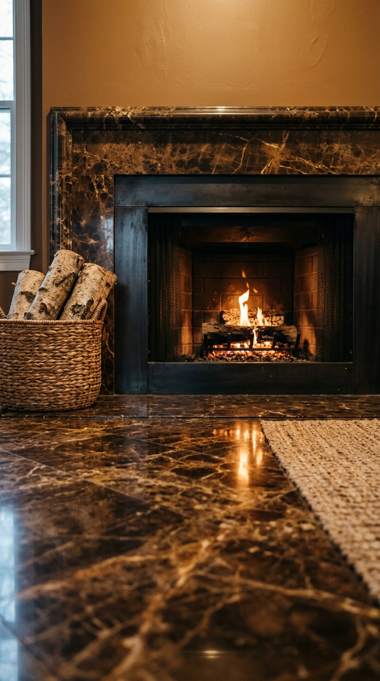 Polished Emperador brown marble hearth with a log basket kept a safe distance from the firebox