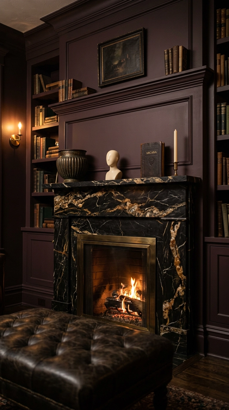 Nero Portoro black and gold marble fireplace against a plum-brown color-drenched chimney breast
