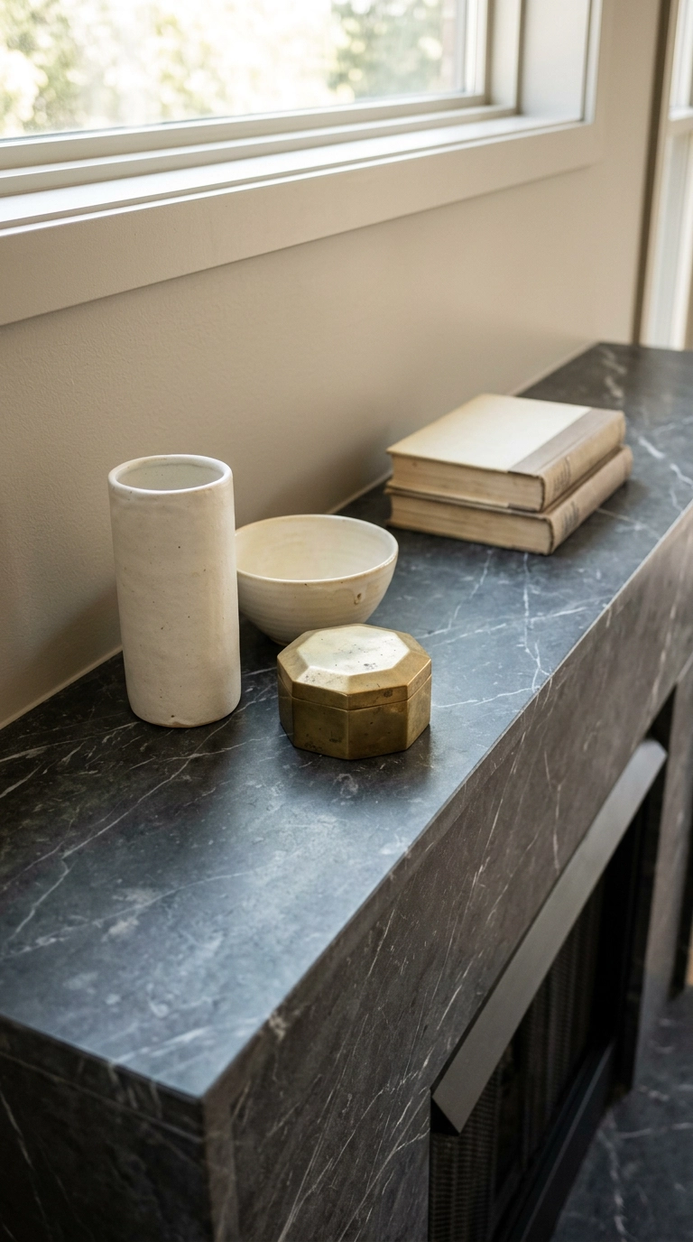 Dark Pietra Grey marble mantel styled with an odd-numbered grouping of five objects