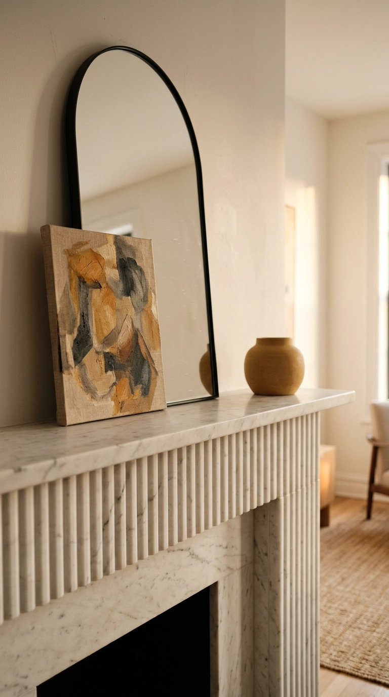 Arched mirror leaning on a fluted white marble mantel with a smaller canvas layered in front