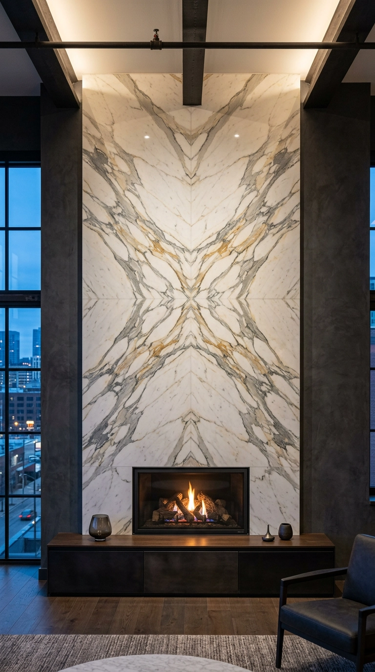 Bookmatched Calacatta marble fireplace wall with mirrored butterfly veining in a loft condo