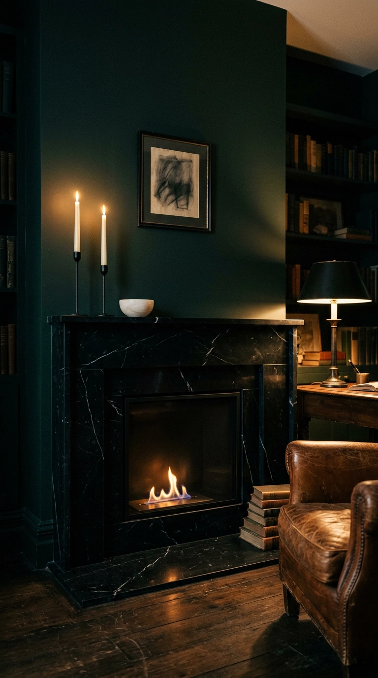 Nero Marquina black marble fireplace surround with white veining in a moody dark study