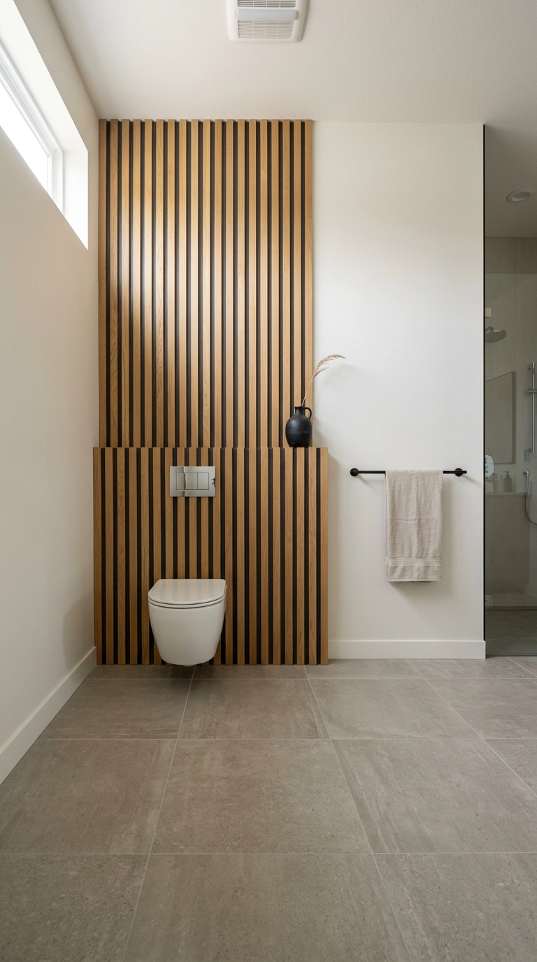 Vertical white oak slat wall with dark backing behind a wall hung toilet