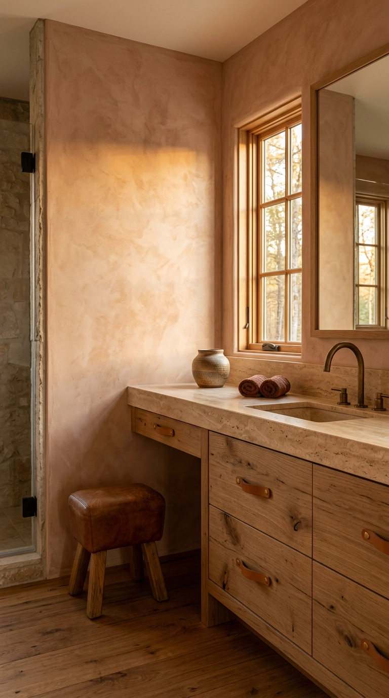 Warm bathroom with terracotta plaster walls, white oak vanity, and leather drawer pulls