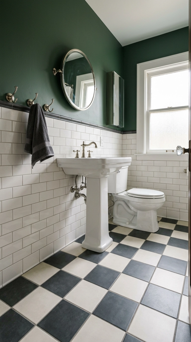 Charcoal and bone checkerboard tile floor in a green bathroom with a pedestal sink