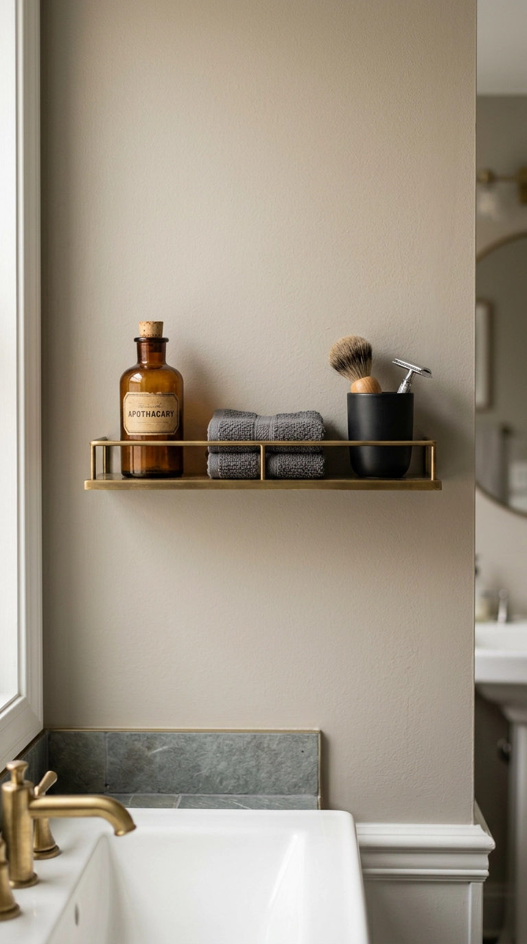 Slim brass bathroom shelf styled with amber bottle, folded washcloths, and shaving brush