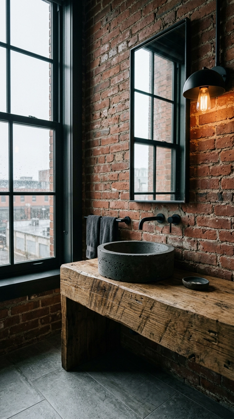 Concrete vessel sink on a reclaimed oak vanity in an industrial loft bathroom