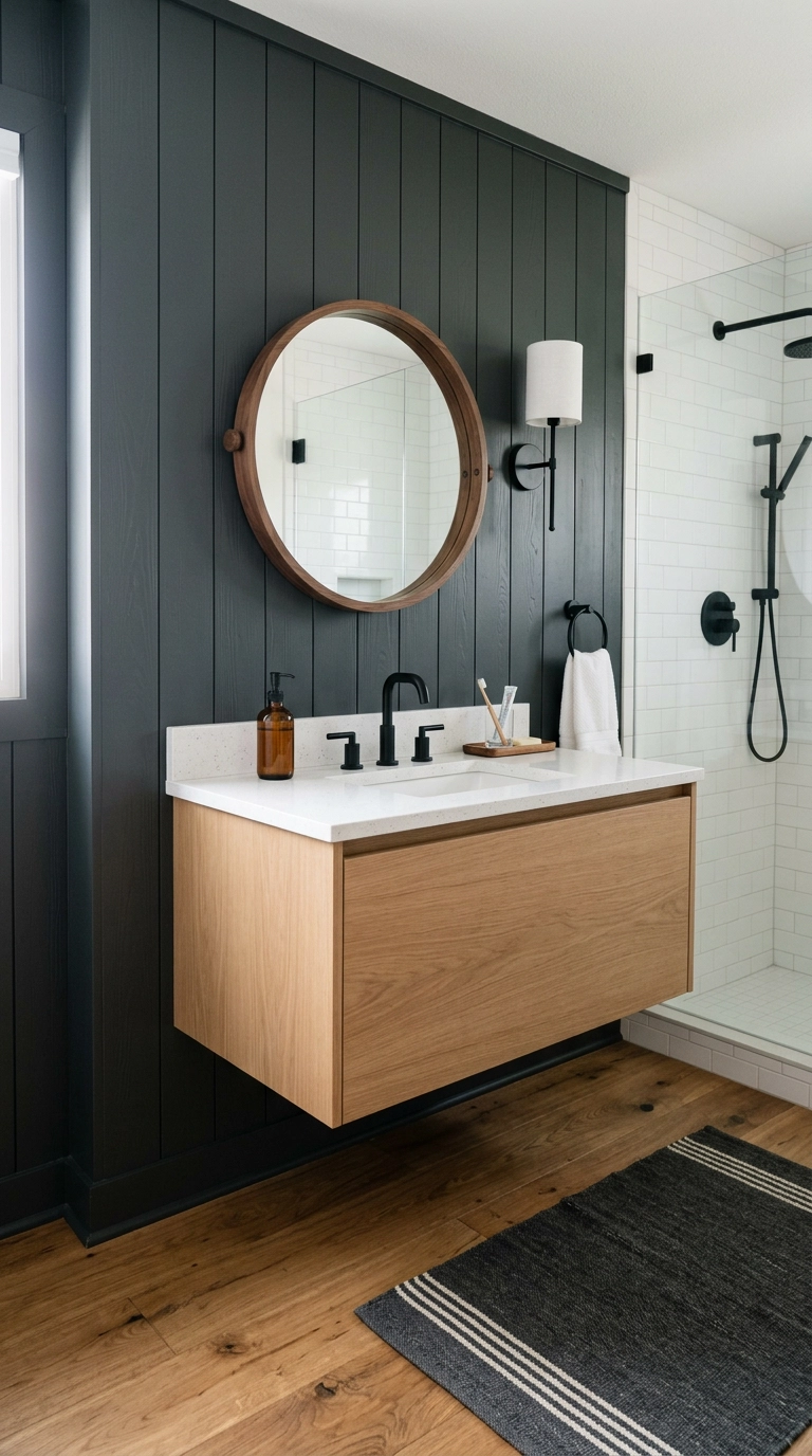 Deep charcoal vertical shiplap vanity wall with walnut mirror in a compact bathroom