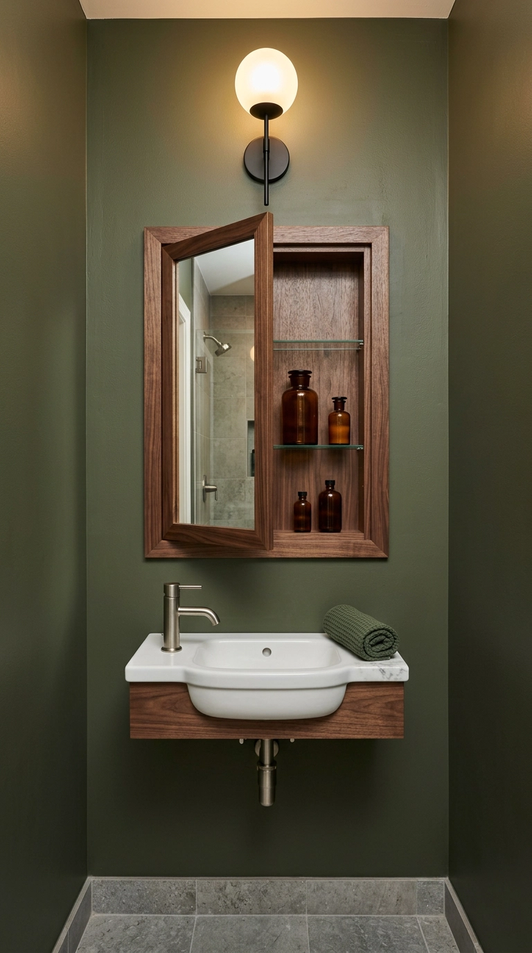 Walnut framed recessed medicine cabinet ajar above a small sink on an olive green wall