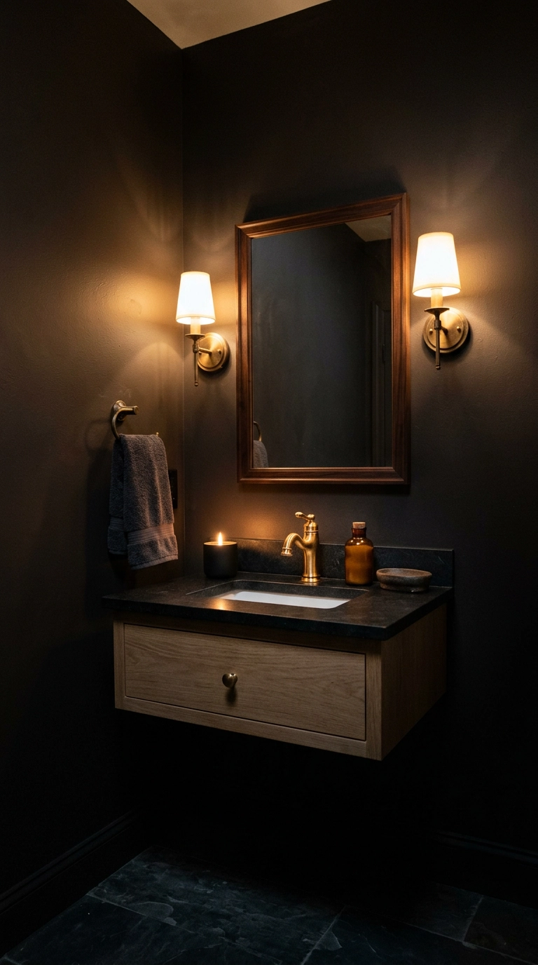 Dark bathroom lit only by two warm sconces beside a walnut mirror at night