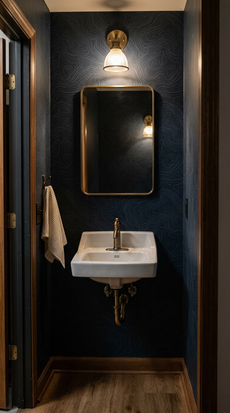 Half bath with navy topographic contour line removable wallpaper and brass fixtures
