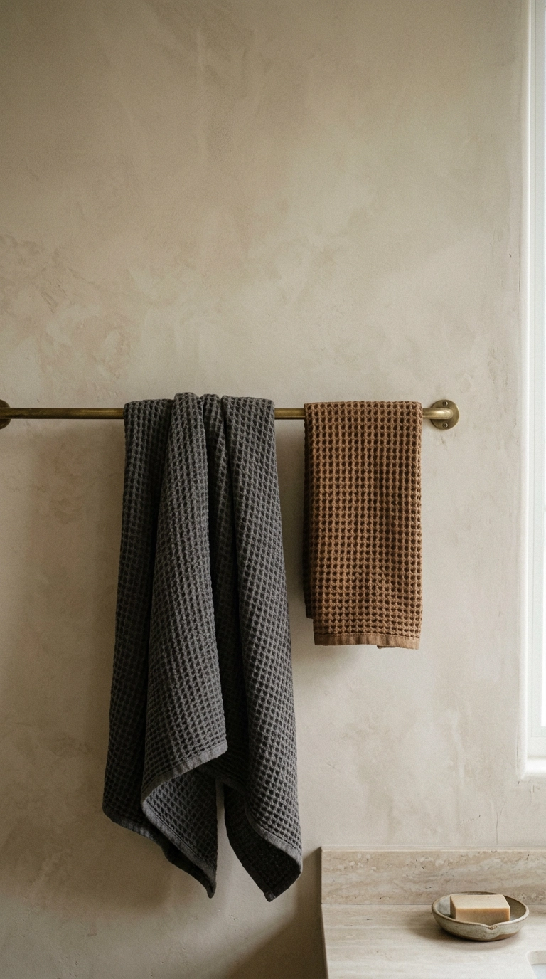 Charcoal and tobacco brown waffle weave towels hanging on an aged brass rail