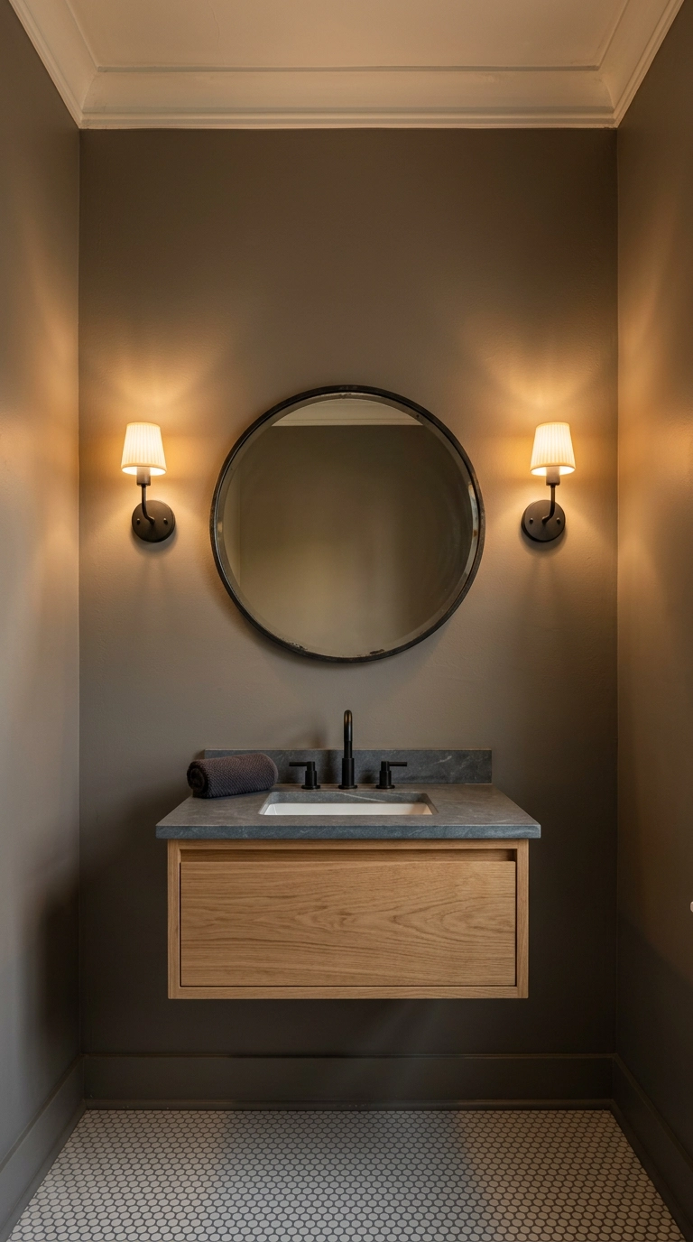 Two black sconces flanking a round steel mirror above a white oak wall-mounted vanity
