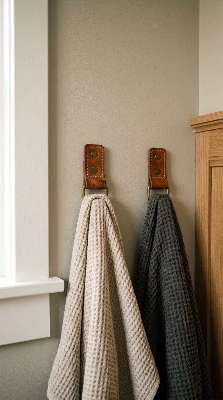 Saddle leather towel straps with brass rivets holding waffle towels on a greige wall