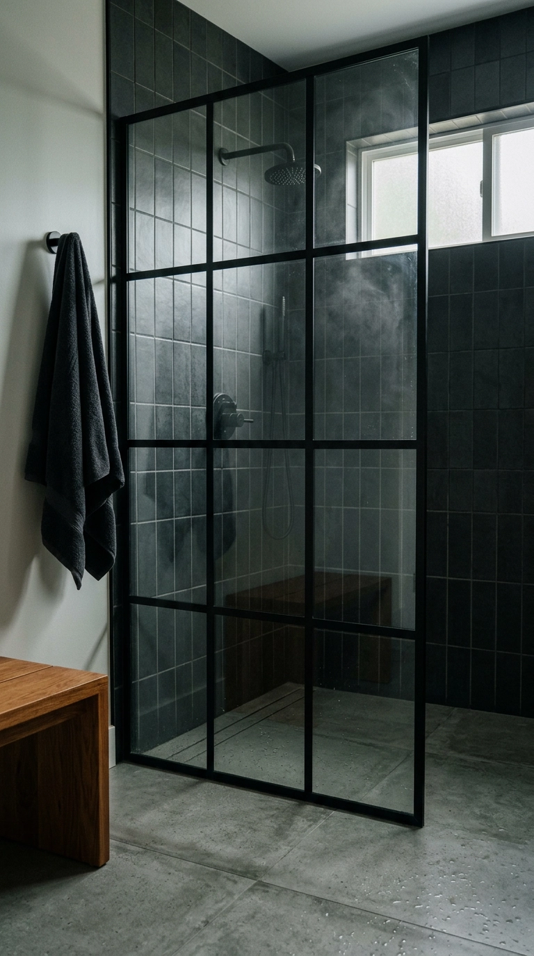 Black steel grid shower screen with charcoal stacked tile and matte black fixtures