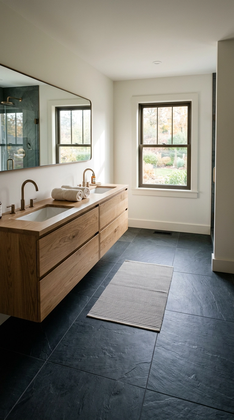 Large format charcoal slate look floor tile with a white oak double vanity