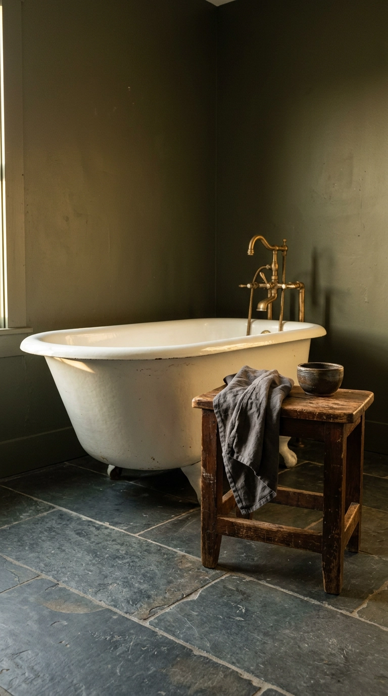 Vintage worn wooden stool beside a freestanding cast iron tub in an olive bathroom
