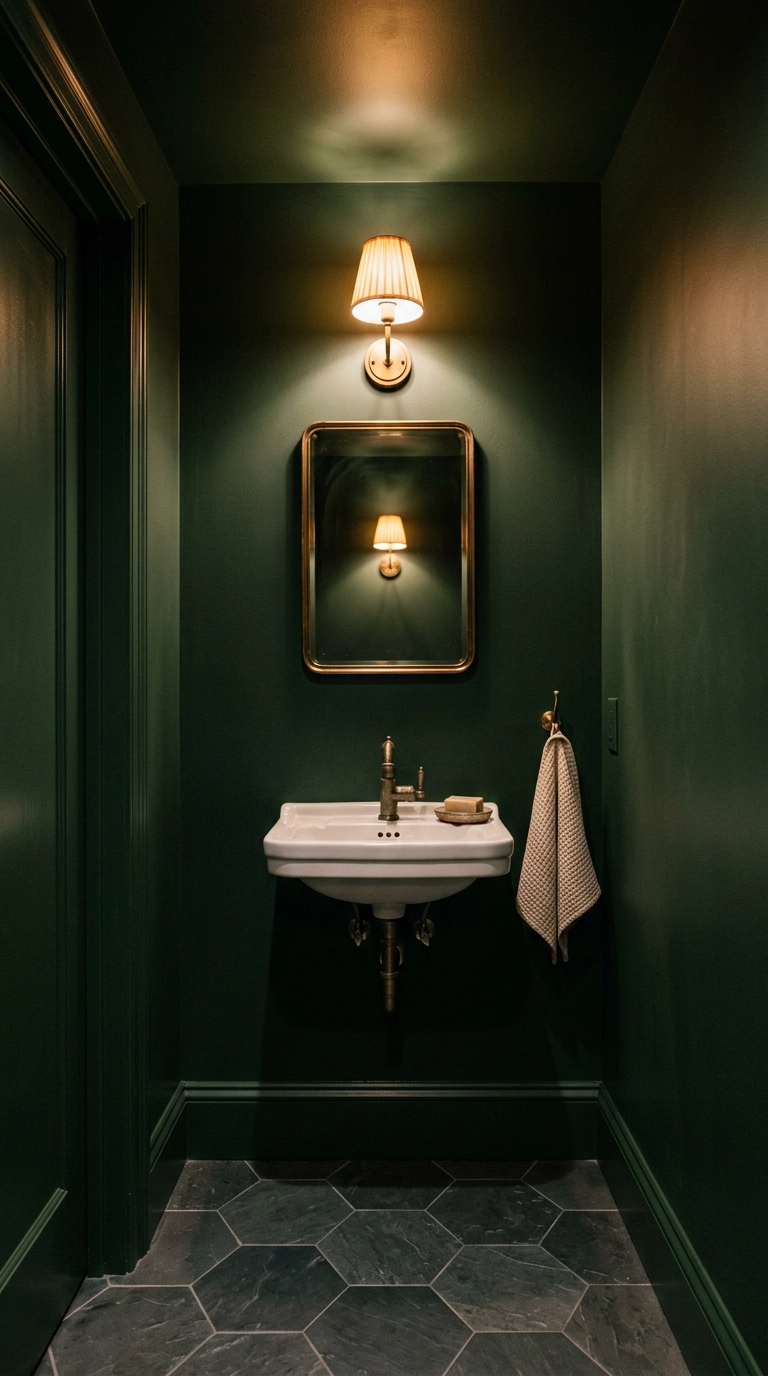 Small powder room color drenched in inky green paint with aged brass sink and sconce