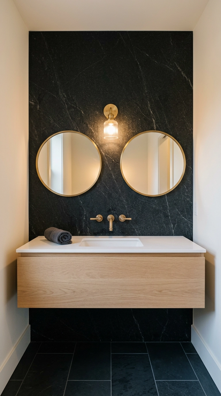 Black granite vanity wall with brass fixtures and white oak floating vanity in a craftsman bathroom