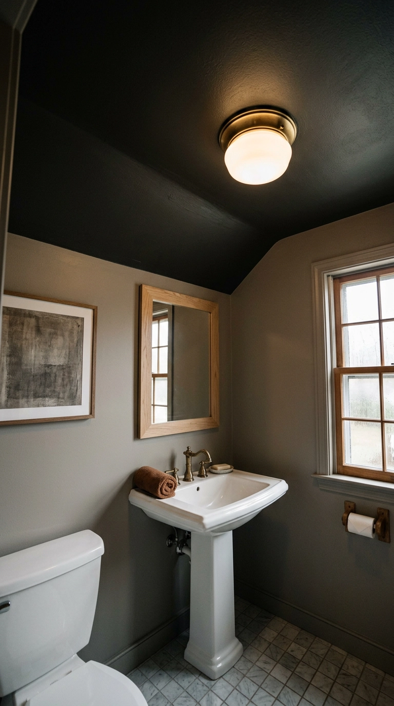 Small bathroom with a near-black painted ceiling and antique brass flush mount light