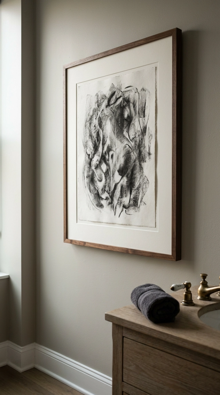 Large framed black and white abstract charcoal artwork in a walnut frame on a bathroom wall