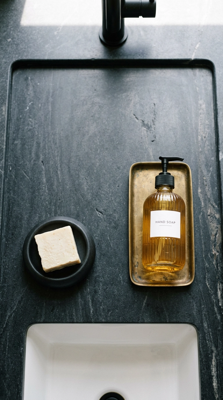Overhead view of a nearly bare charcoal countertop with brass tray and amber soap dispenser