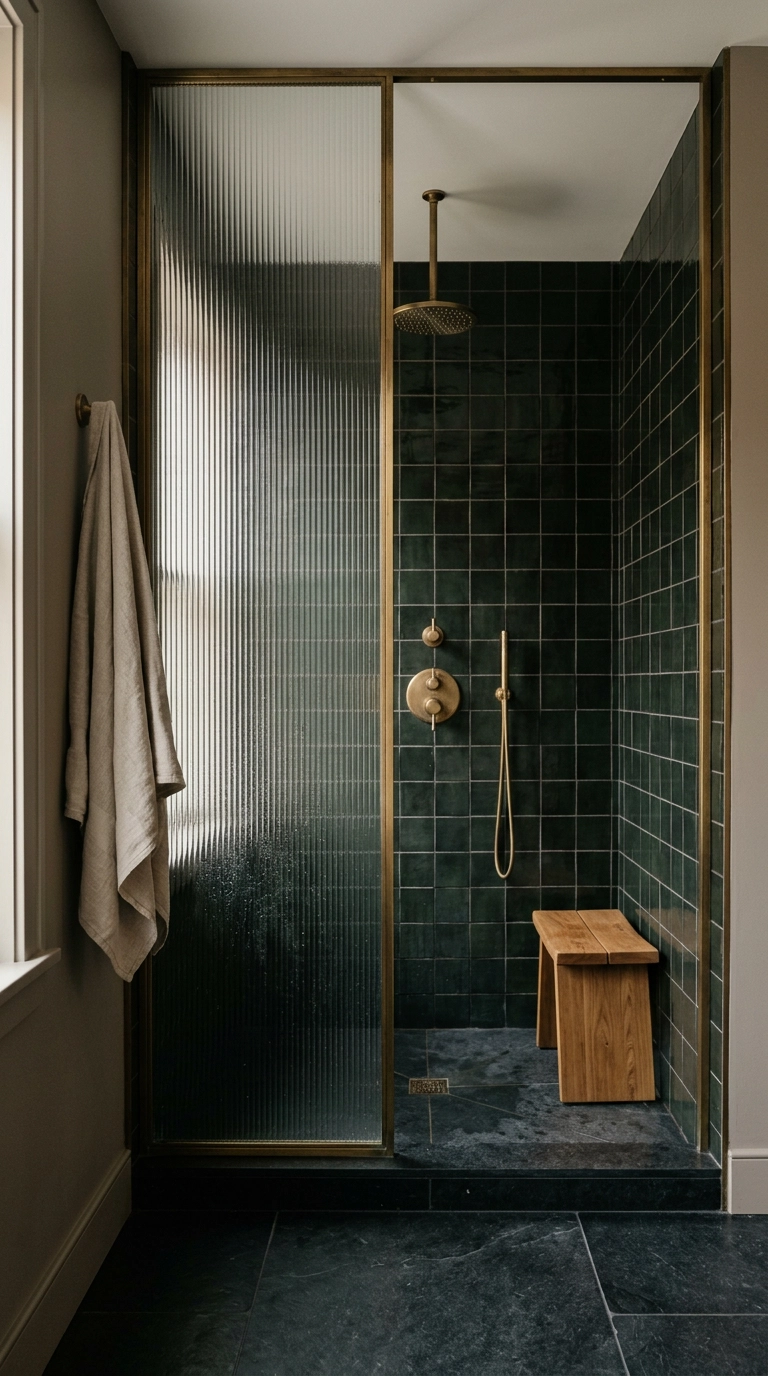Fluted reeded glass shower enclosure with aged brass framing and dark green tile