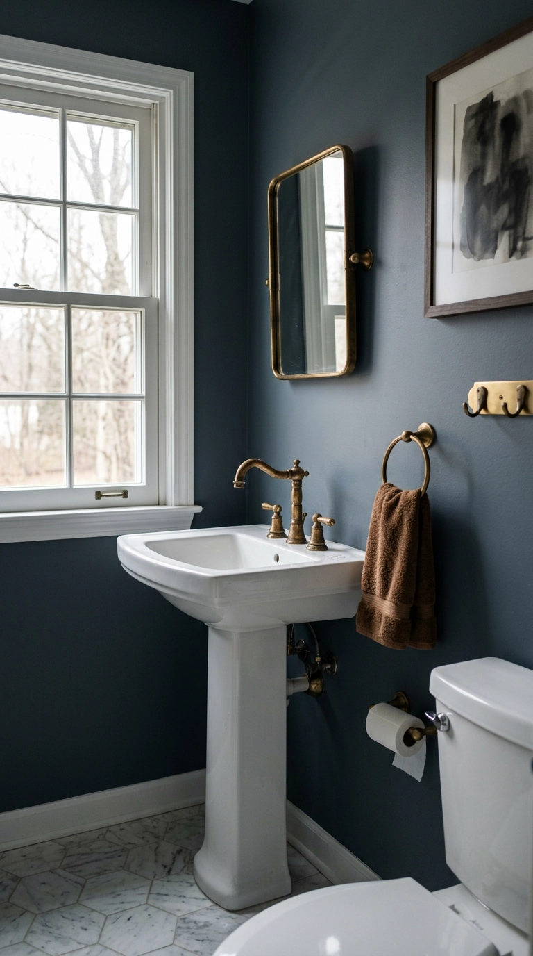 Guest bathroom with aged brass faucet, towel ring, and hooks against slate blue walls