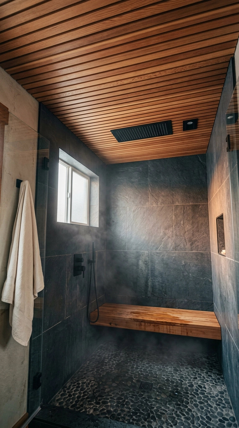 Cedar slat shower ceiling and floating cedar bench above dark charcoal slate tile