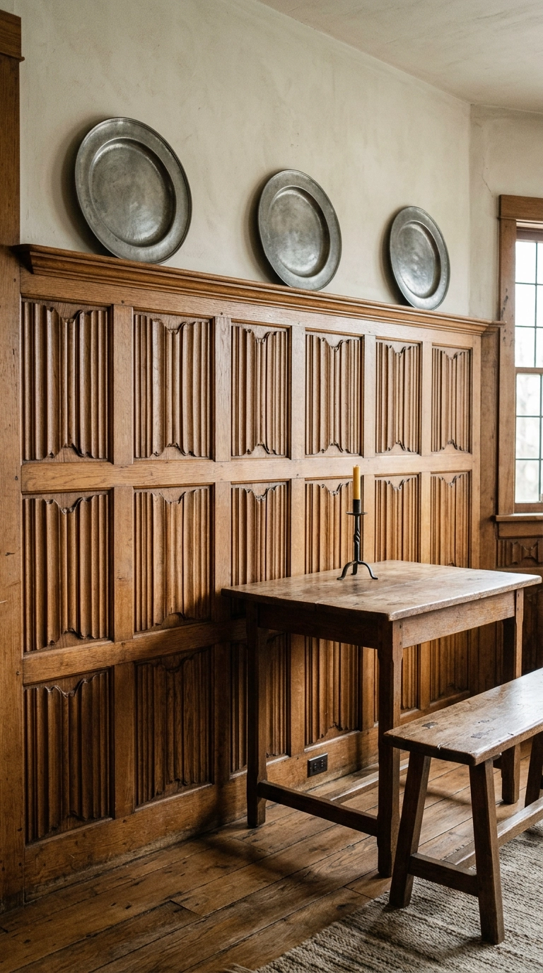 Carved linenfold oak panelling below a bone plaster wall with pewter chargers on a rail