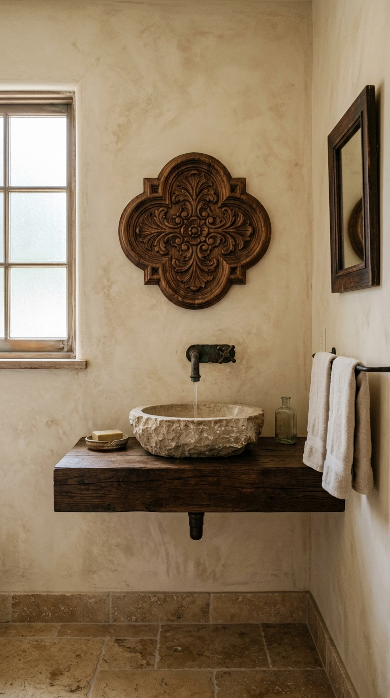Carved quatrefoil wood medallion above a stone basin in a bone plaster powder room