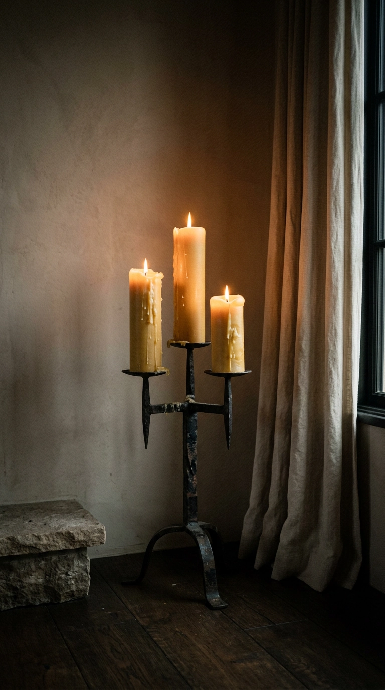 Three tall beeswax church pillar candles at staggered heights on a black iron stand