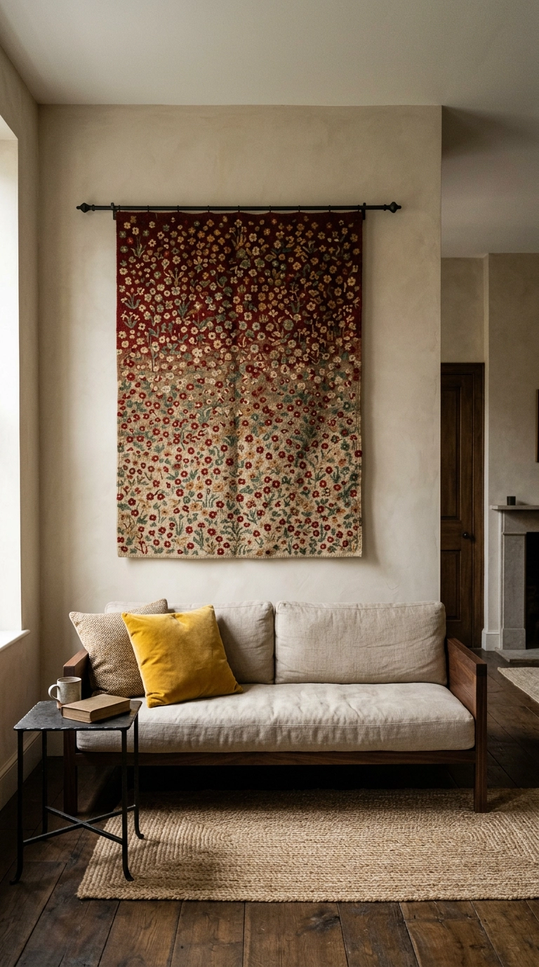 Large millefleur floral wool tapestry hung on a putty plaster wall above a linen sofa