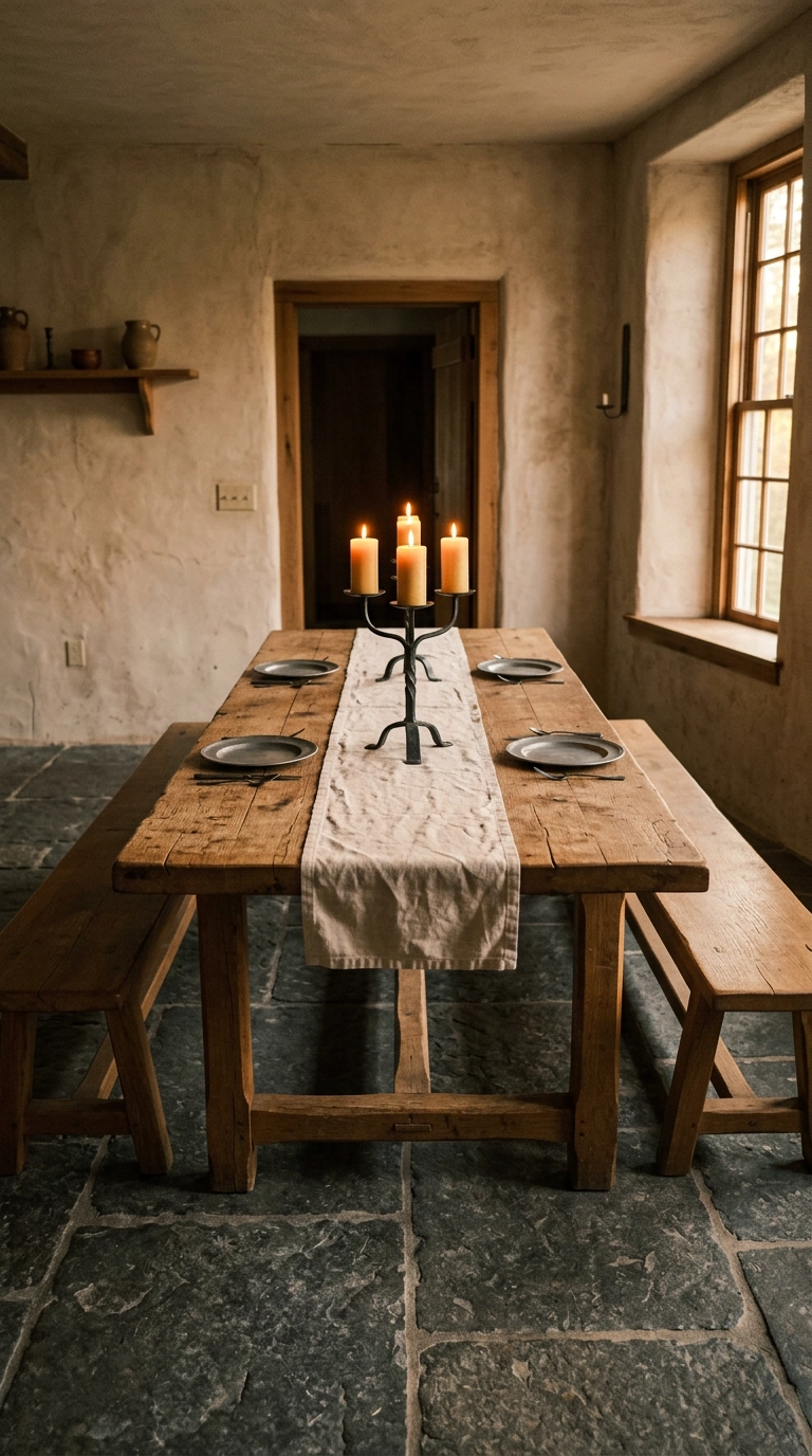 Long oak trestle table with benches, pewter plates, and an iron candelabra