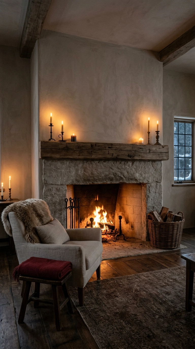 Rough limestone fireplace with a timber mantel beam, firewood basket, and sheepskin chair