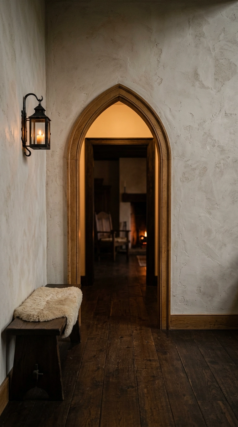 Pointed Gothic arch doorway with oak trim in a putty plaster hallway