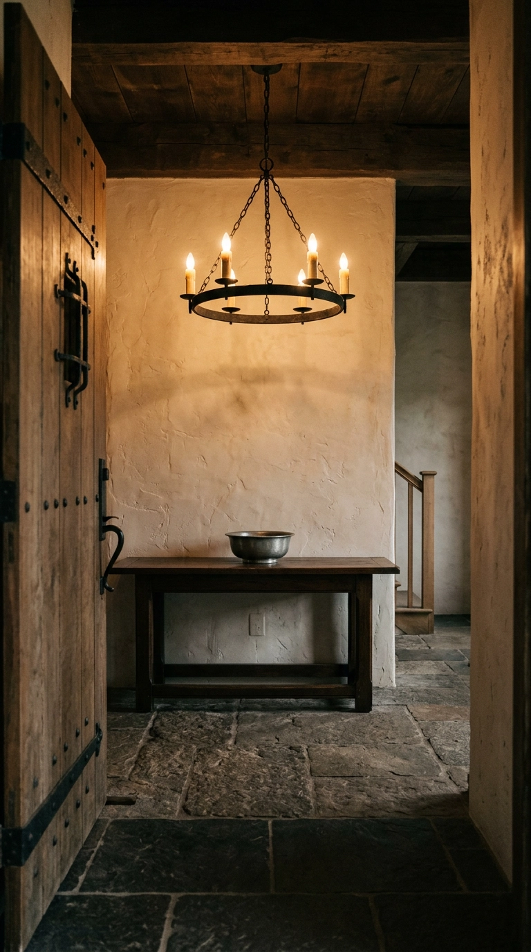 Blackened iron ring chandelier glowing above an oak console in a plaster entry hall