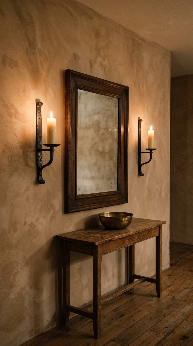 Two blackened iron candle sconces flanking an oak mirror on a clay plaster wall
