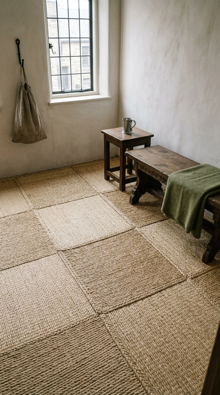 Woven rush matting floor squares under an oak bench with a green wool blanket