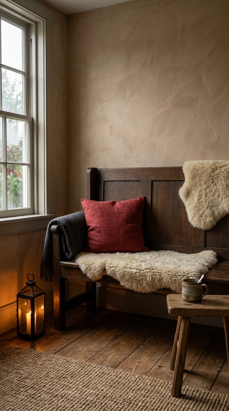 Oak settle bench layered with cream sheepskins and a folded charcoal wool blanket
