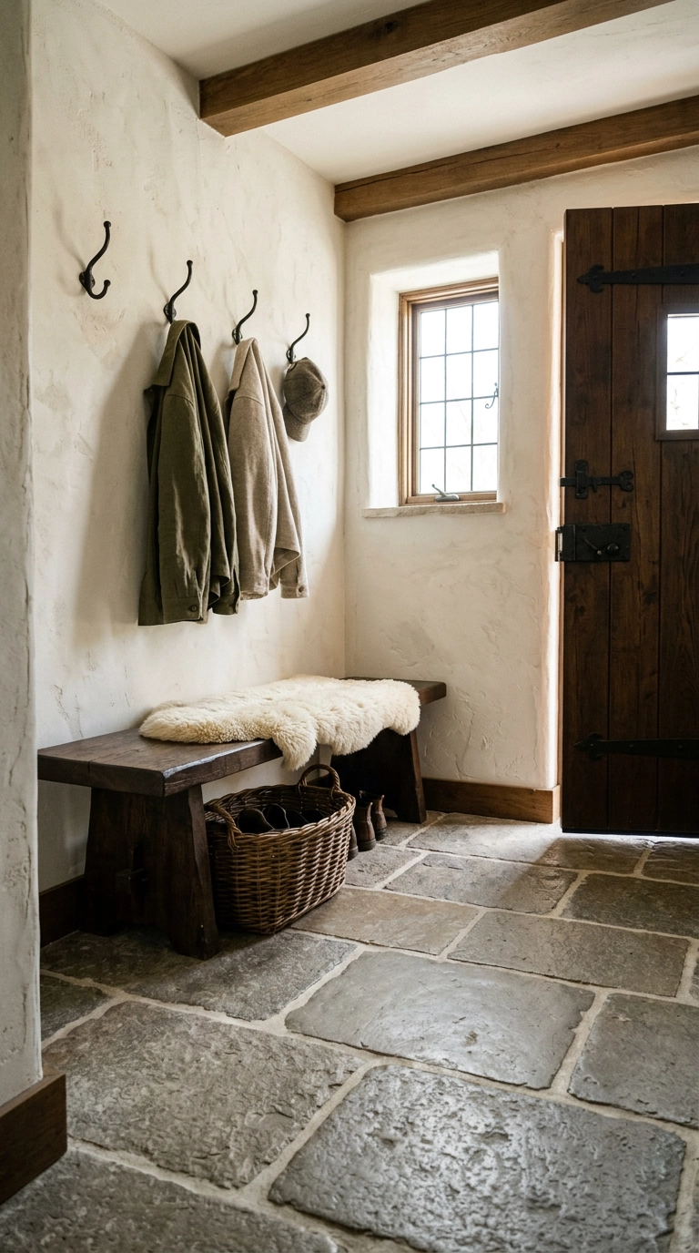 Irregular flagstone-look tile floor in a mudroom with an oak bench and iron coat hooks