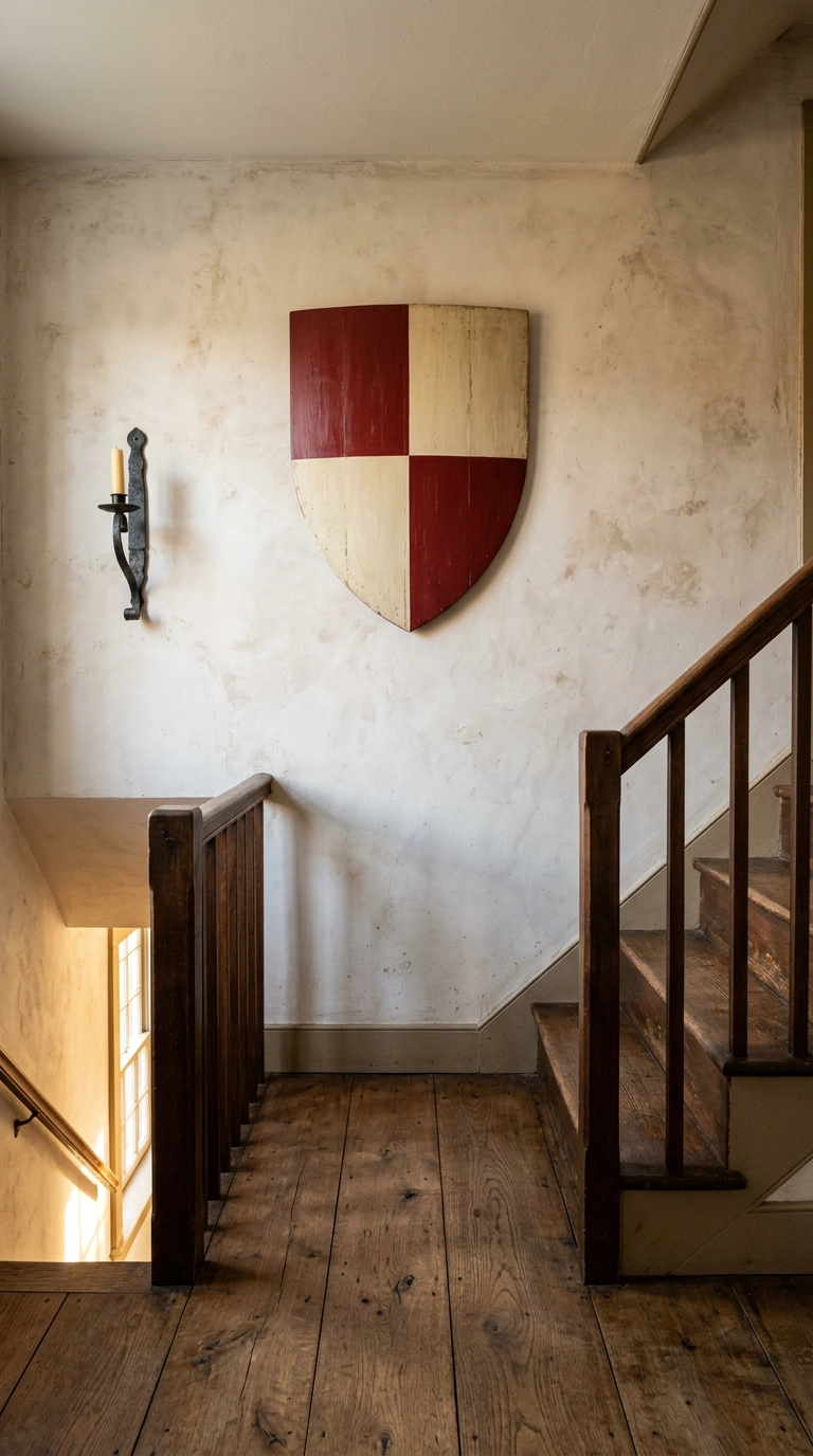 Large painted heraldic shield in red and cream mounted on a bone plaster stair wall