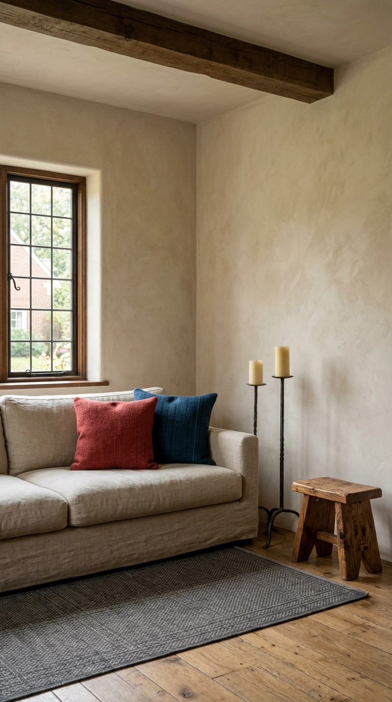 Living room with mottled lime plaster walls, linen sofa, and an iron candlestand